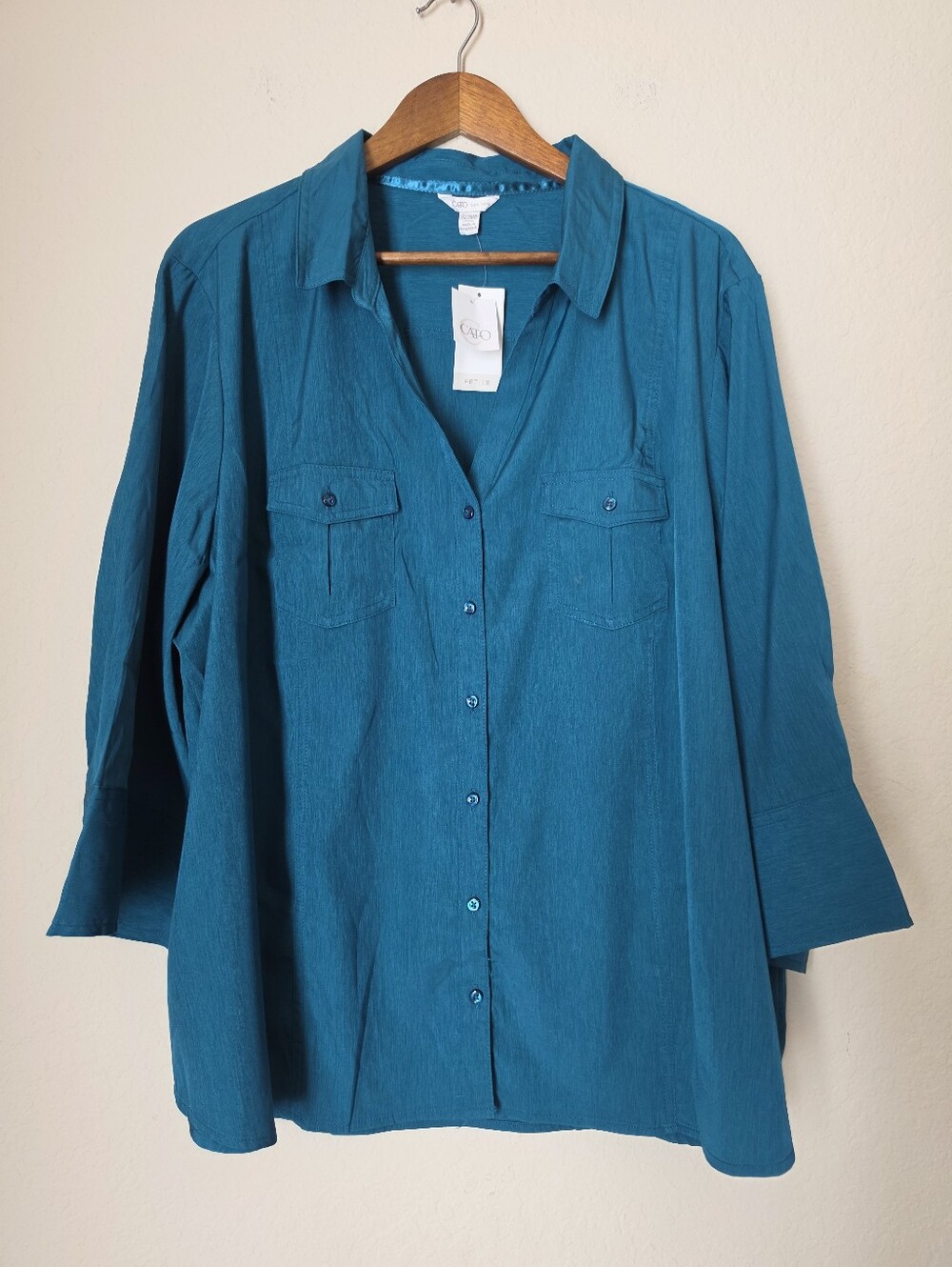 Cato Fashions Plus Petite Solid Stretch Pocket Front Shirt Teal Blue Women 26/28